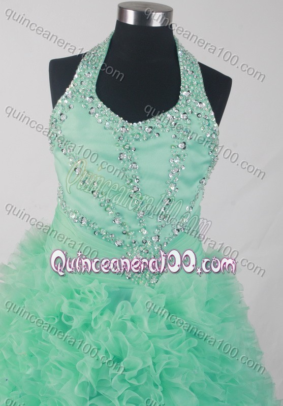 Elegant Ball Gown Halter Top Beading And Ruffles Quinceanera Dress in Turquoise