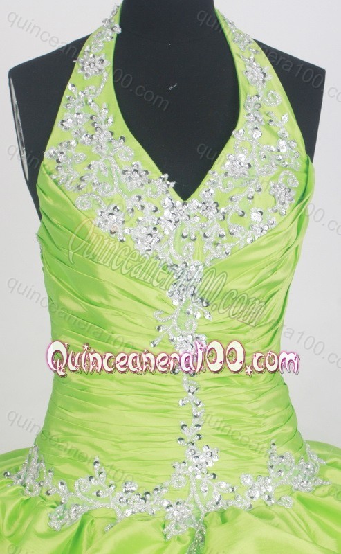 Spring Green Halter Top Quinceanera Dress with Pick-ups and Appliques
