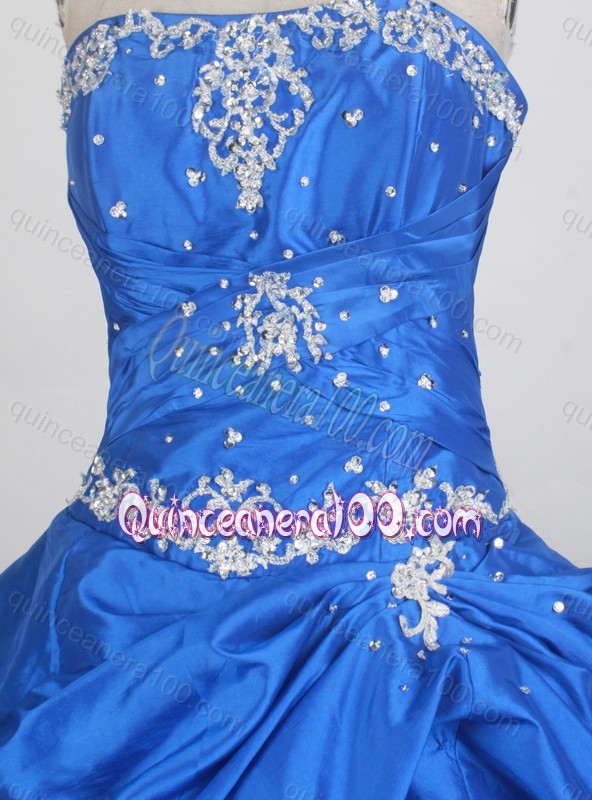 Strapless Ball Gown Royal Blue Quinceanera Dress with White Appliques