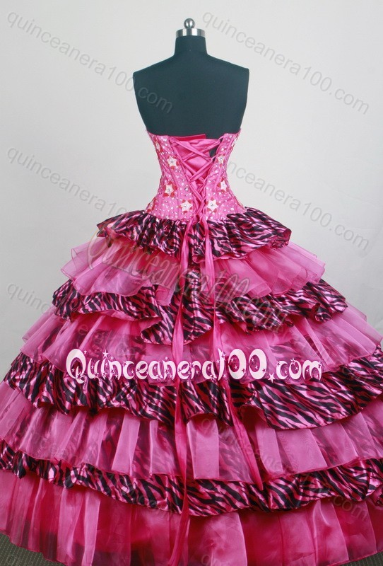 Hot Pink Sweetheart Appliques with Beading Quinceanera Dress with Ruffles Layers