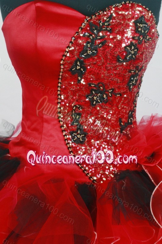 Sweetheart Ruffles and Beading Ball Gown Black and Red Quinceanera Dresses