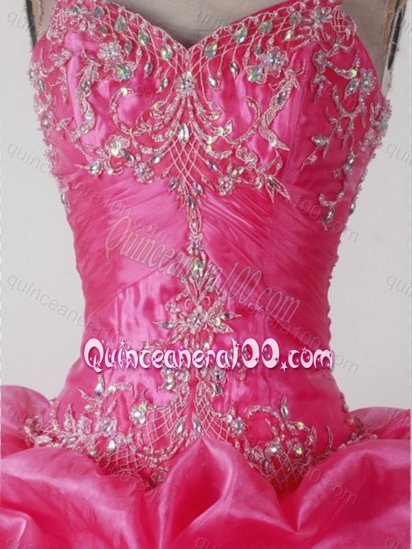 Elegant Ball Gown Spaghetti Straps Beading and Appliques Quinceanera Dresses in Hot Pink