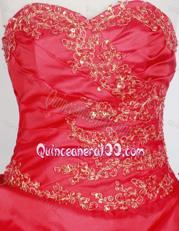 Modest Ball Gown Red Appliques and Hand Made Flower Quinceanera Dresses