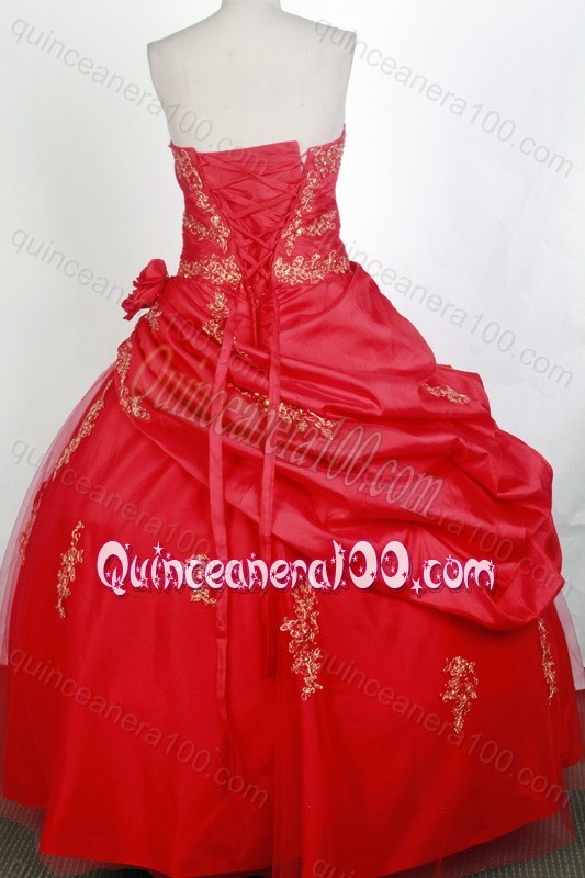 Modest Ball Gown Red Appliques and Hand Made Flower Quinceanera Dresses