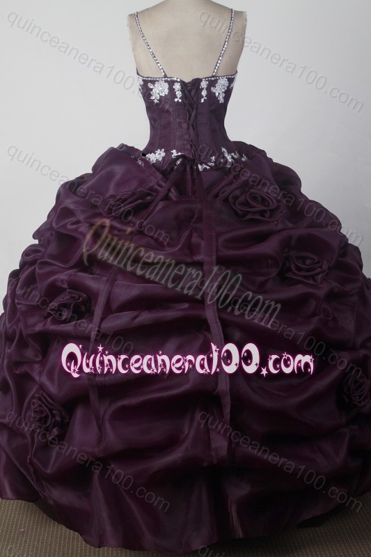 Modest Beading and Appliques Ball Gown Spaghetti Straps Quinceanera Dresses in Dark Purple