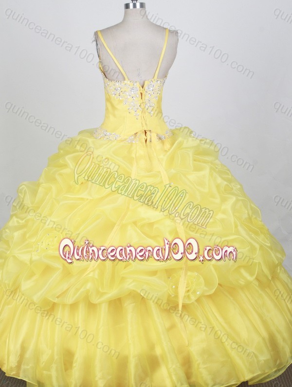 Popular Yellow Ball Gown Appliques and Beading Spaghetti Straps Quinceanera Dresses