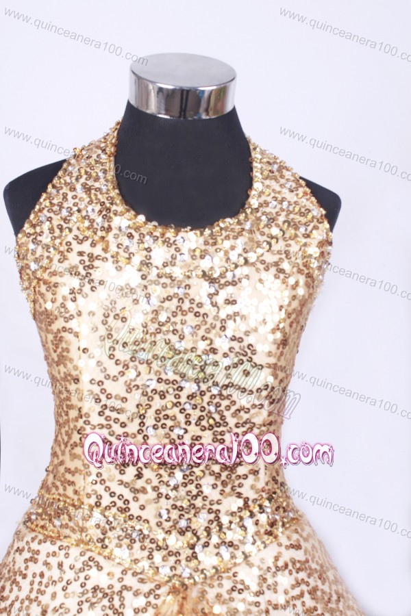 Popular A-line and Halter Top Neck For Little Girl Pageant Dresses With Gold