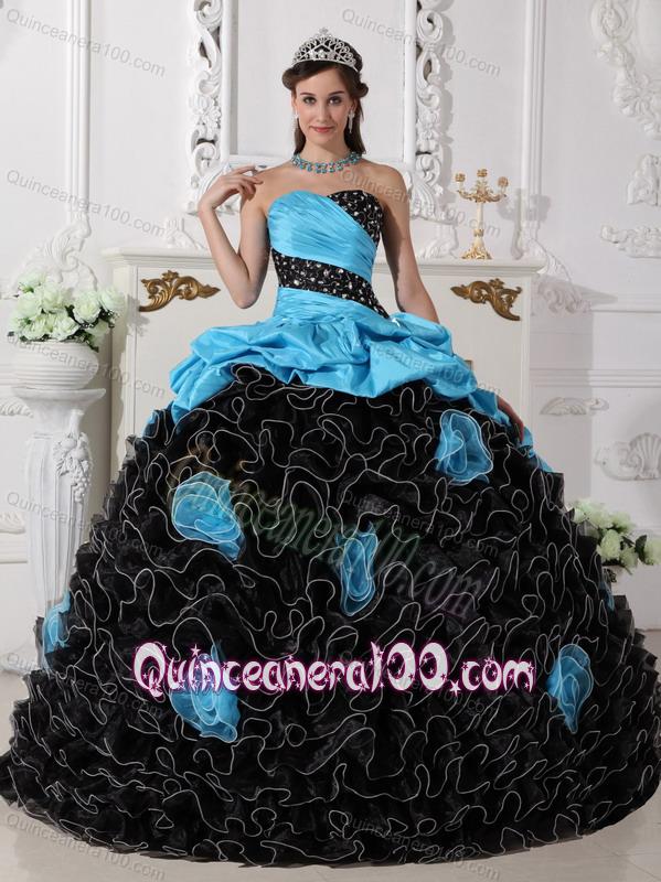 Blue and Black Ball Gown Sweetheart Beading and Rolling Flowers 16 Birthday Party Dress