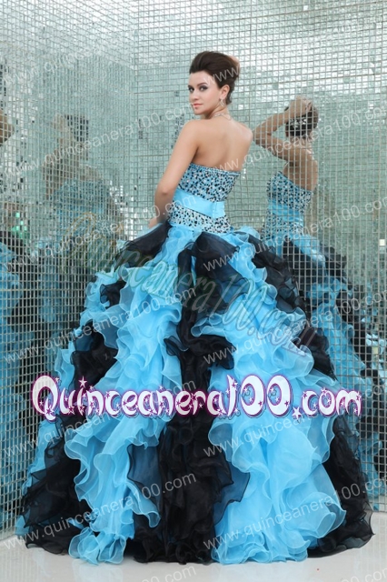 Aqua and Black Sweetheart Beading and Ruffles Quinceanera Dress