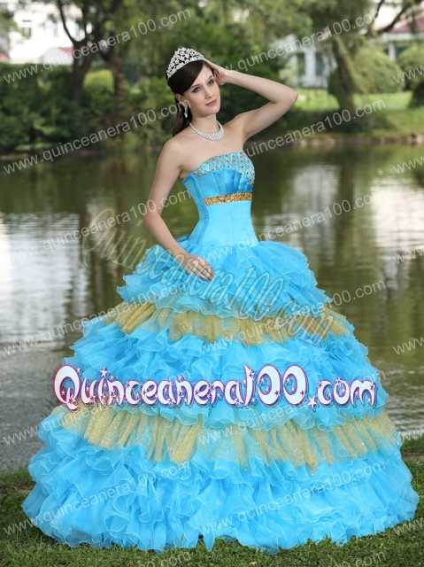 Beaded Decorate Aqua Blue and Yellow Quinceanera Dress For 2014