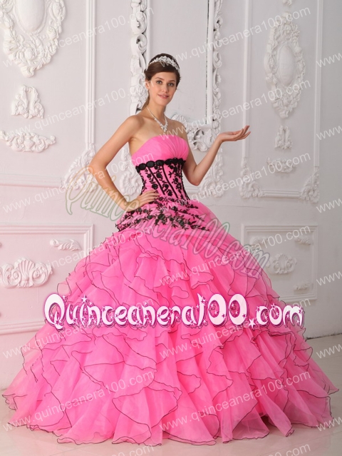 Sweet Ball Gown Strapless Floor-length Appliques and Ruffles Hot Pink Quinceanera Dress