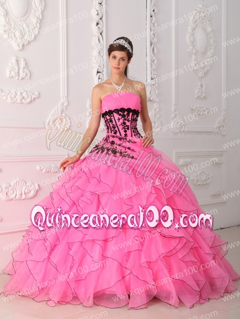 Sweet Ball Gown Strapless Floor-length Appliques and Ruffles Hot Pink Quinceanera Dress