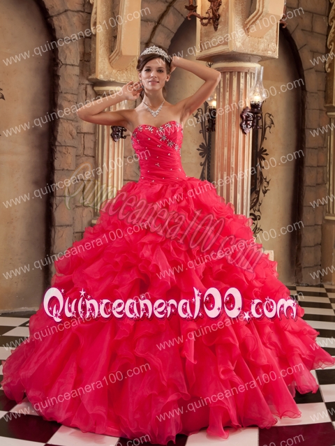 Coral Red Ball Gown Sweetheart Floor-length Ruffles Organza Quinceanera Dress