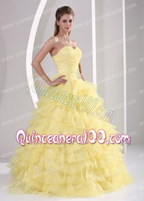 Light Yellow Ruffles Sweetheart Appliques and Ruch Quinceaners Gowns For Military Ball