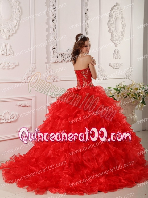 Red Ball Gown Strapless Floor-length Organza Ruffles And Embroidery Quinceanera Dress