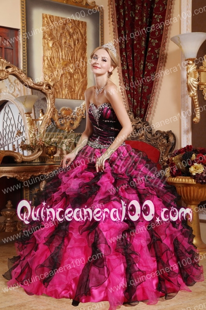 Black and Red Ball Gown Sweetheart Beading and Ruffles Quinceanera Dress