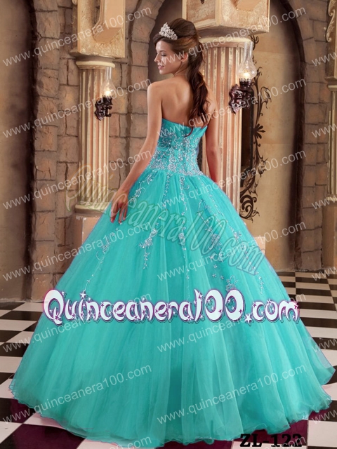 Turquoise Ball Gown Floor-length Organza Beading Quinceanera Dress