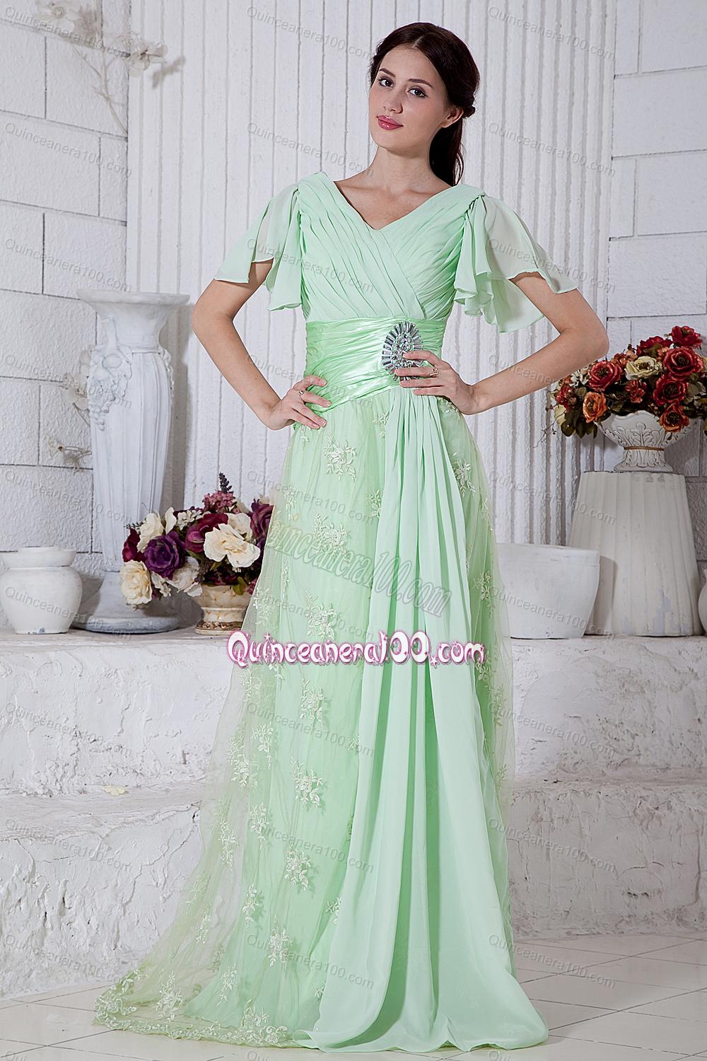 2014 Brand New Beading and Ruch Mother of the Dresses in Apple Green