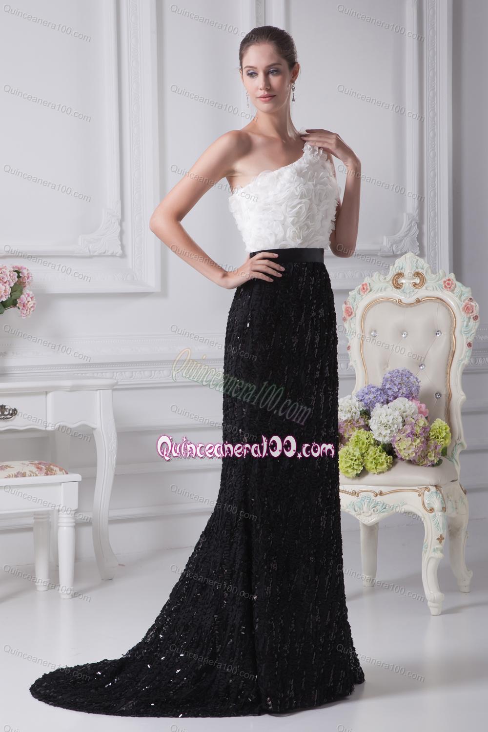 Exclusive One Shoulder Sash Black and White Mother of the Dresses For 2014