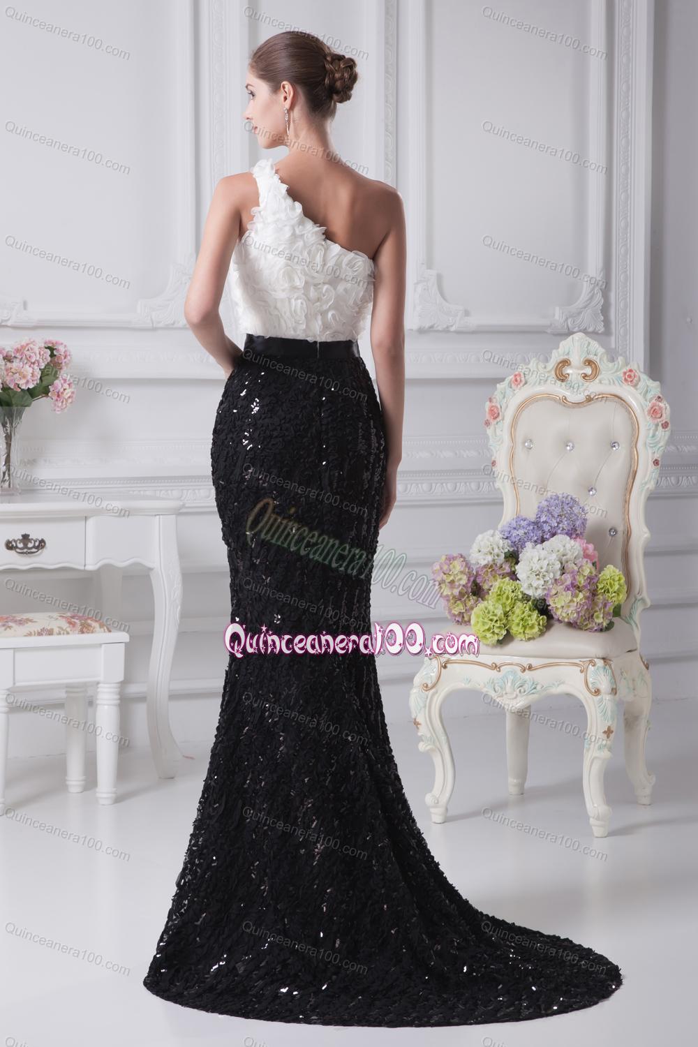 Exclusive One Shoulder Sash Black and White Mother of the Dresses For 2014