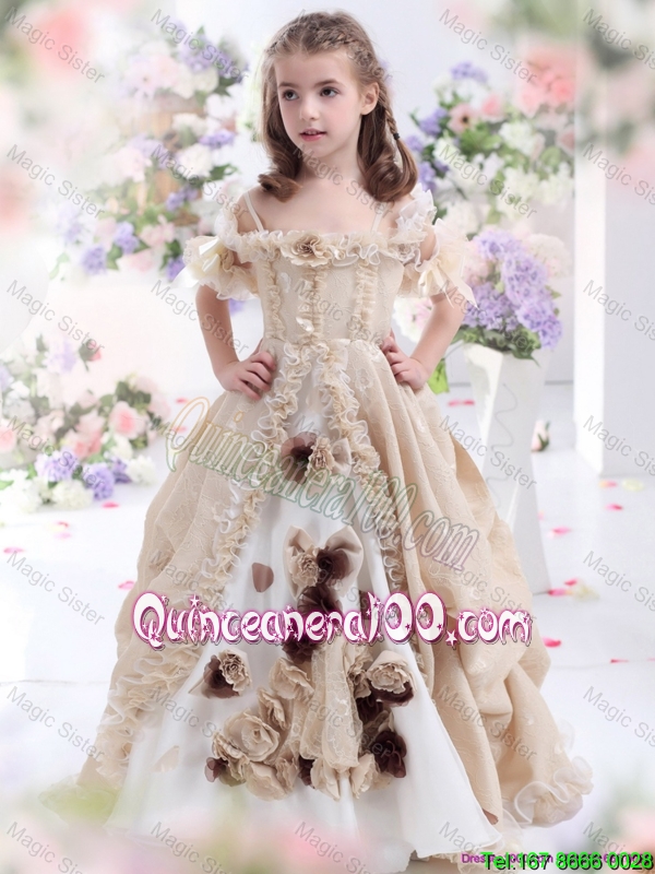 Champagne Spaghetti Straps Mini Quinceanera Dresses with Hand Made Flowers and Ruffles