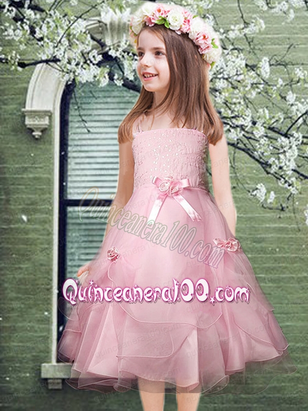 2014 Pretty Organza Spaghetti Straps Pink Flower Girl Dress