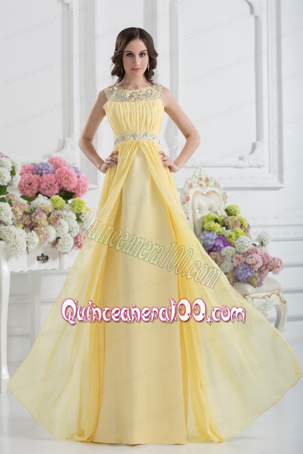 Empire Scoop Beading Ruching Light Yellow Mother of the Dress