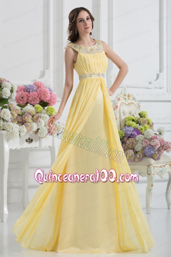Empire Scoop Beading Ruching Light Yellow Mother of the Dress