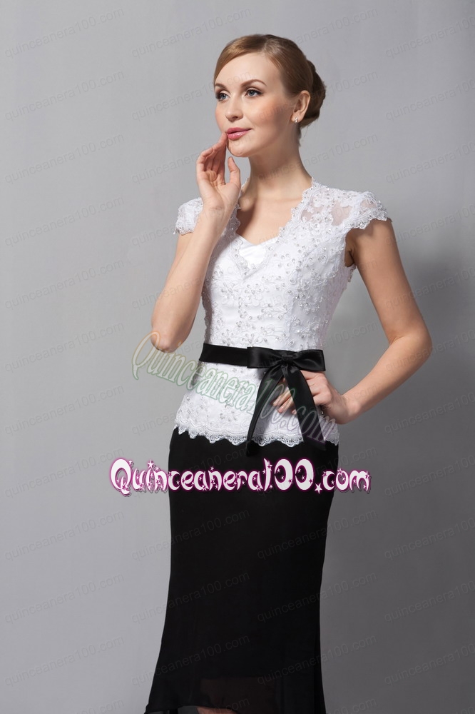 Black and White Column Square Tea-length Lace and Chiffon Sash Mother of the Dress