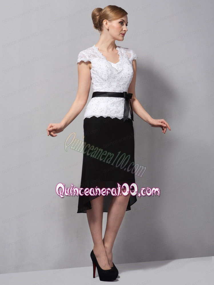 Black and White Column Square Tea-length Lace and Chiffon Sash Mother of the Dress