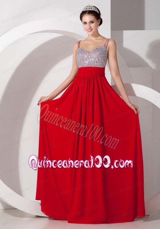 Pretty Red Empire Straps Mother of the Dress Chiffon Beading and Ruching Floor Length