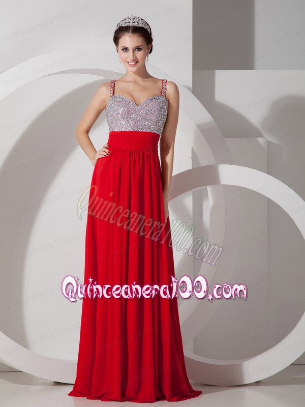 Pretty Red Empire Straps Mother of the Dress Chiffon Beading and Ruching Floor Length