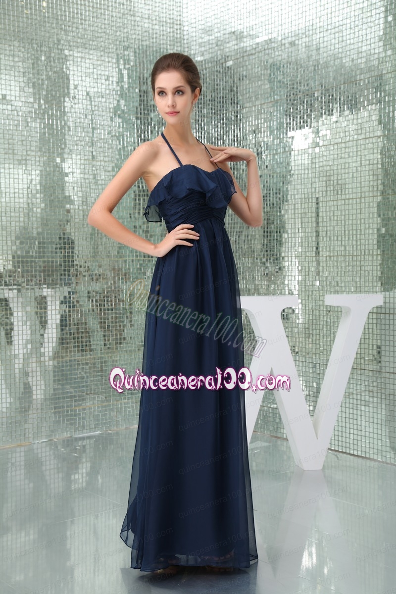 Column Navy Blue Ankle Length Halter Top Ruching Mother of the Dress