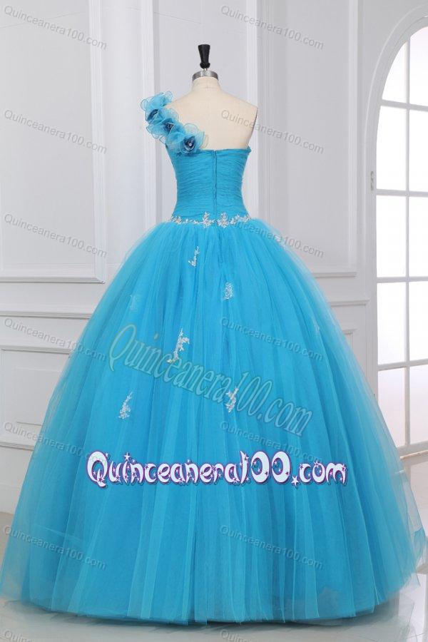 Appliques and Hand Made Flowers One Shoulder Quinceanera Dress in Aqua Blue