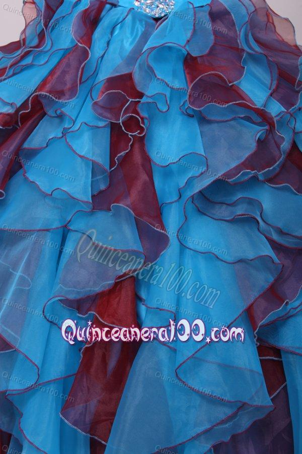 Strapless Beading and Ruche Quinceanera Dress in Aqua and Wine Red