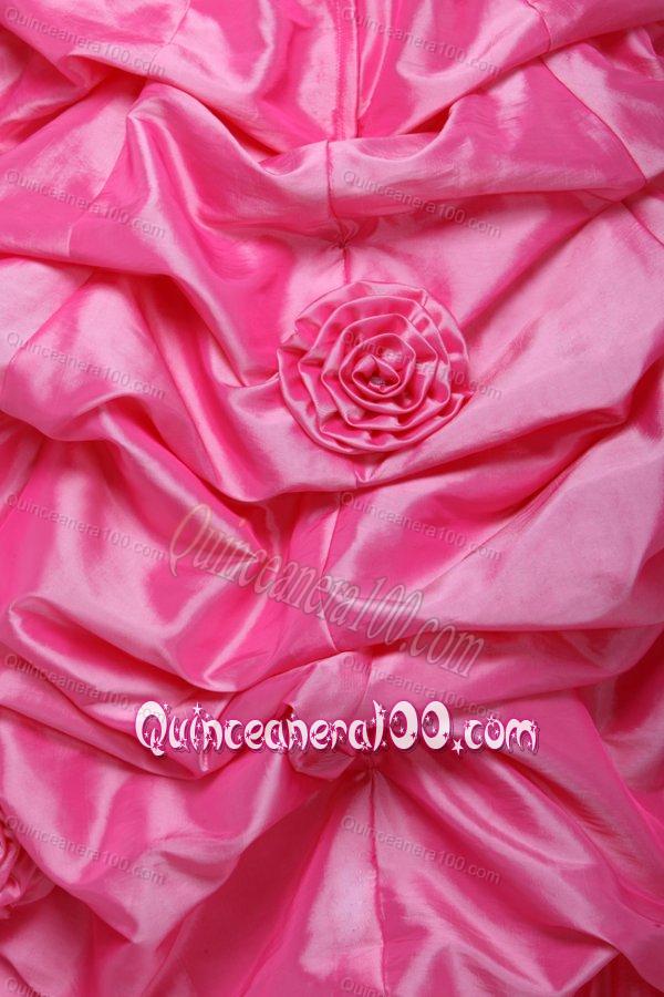 Rose Pink Strapless Hand Made Flowers and Pick-ups Quinceanera Dress
