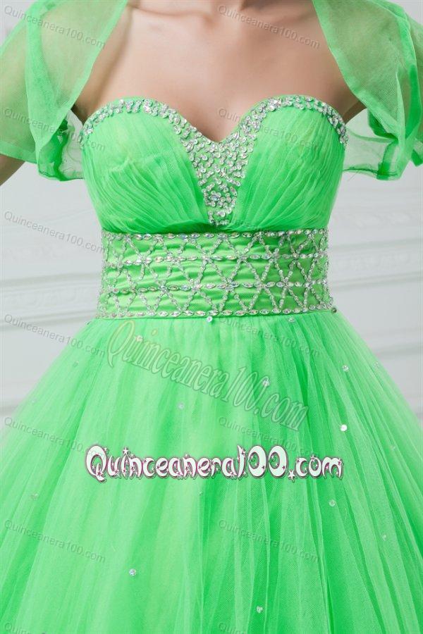 Spring Green Sweetheart Beaded Decorate Quinceanera Dress in Long