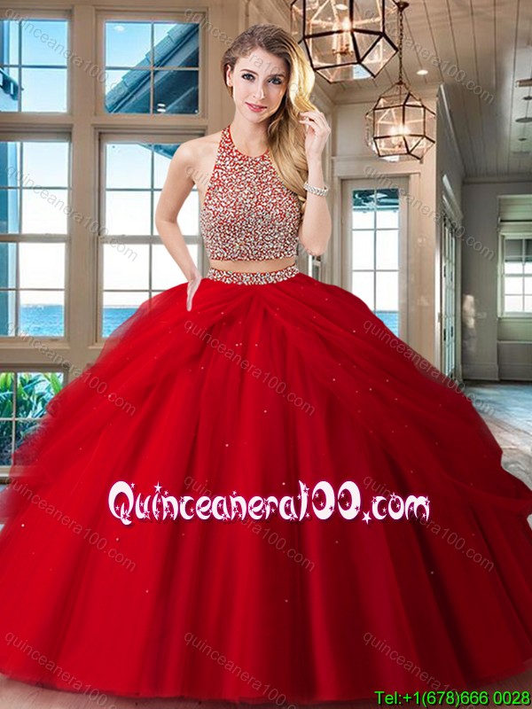 Unique Big Puffy Two Piece Backless Red Quinceanera Dress in Tulle