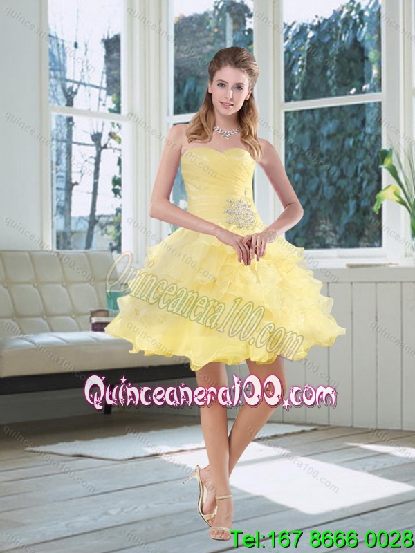 2015 Light Yellow Beading Puffy Prom Dresses with Sweetheart