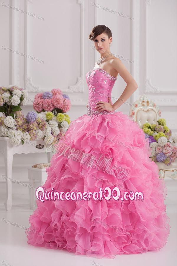 Ball Gown Sweetheart Organza Beading Ruffles Rose Pink Quinceanera Dress