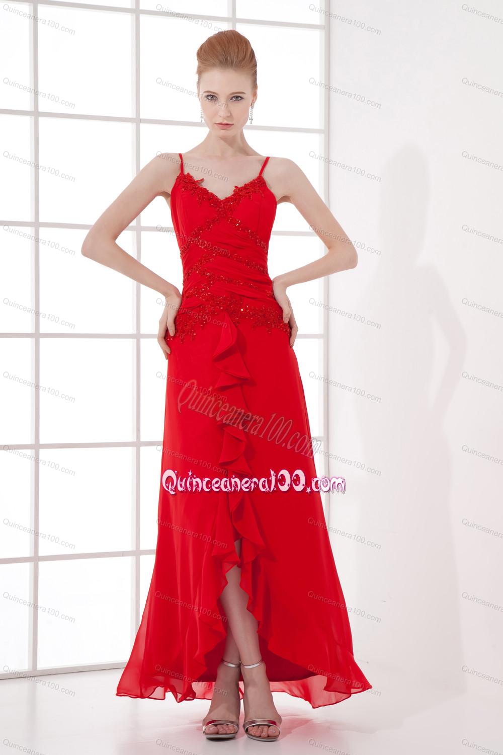 Spaghetti Straps Tea-length Chiffon Red Dresses for Dama