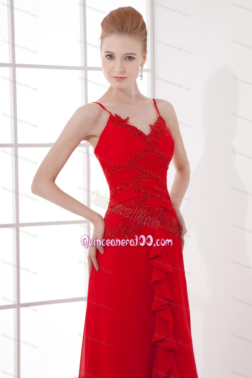 Spaghetti Straps Tea-length Chiffon Red Dresses for Dama
