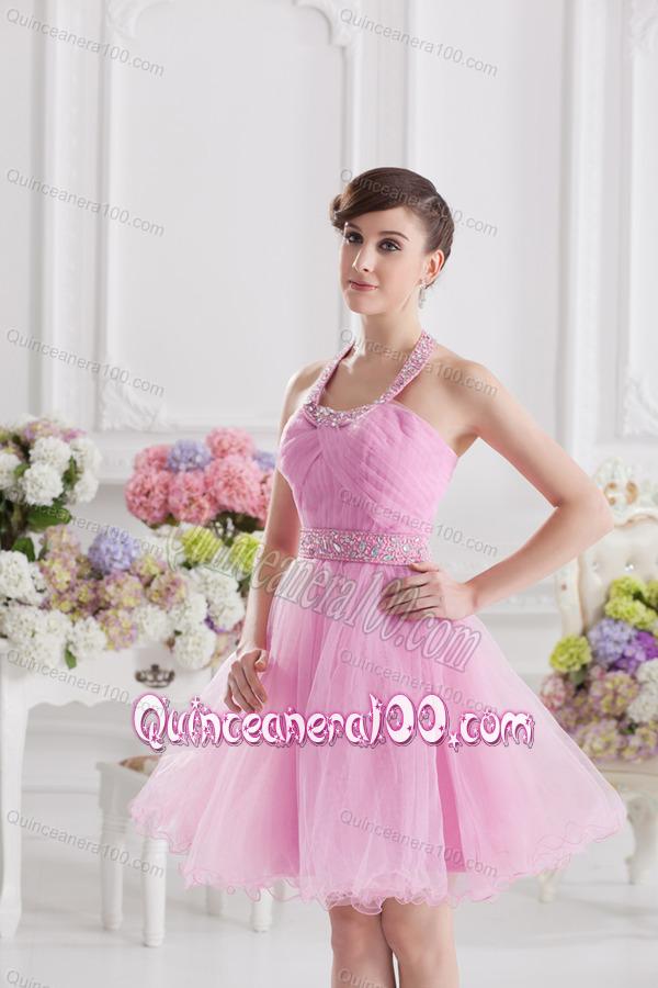 A-line Halter Top Pink Dresses for Dama with Ruching and Beading