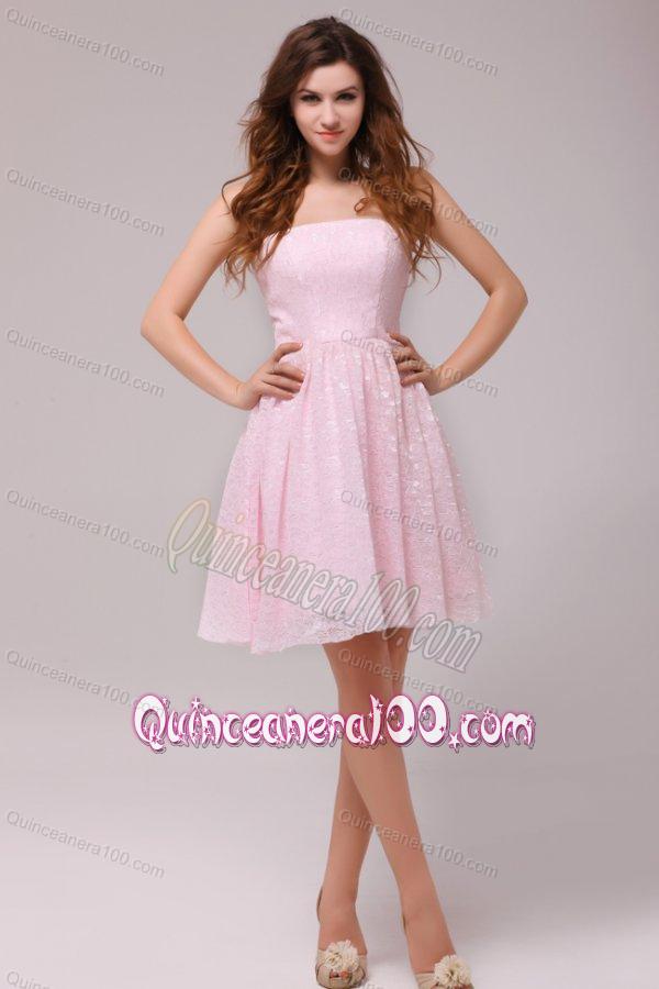 Baby Pink Strapless Knee-length Empire Dama Dresses for Cocktail Party