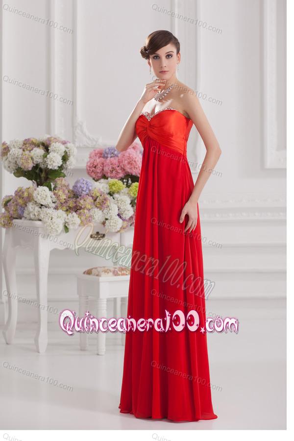 Red Empire Chiffon Beaded Decorate Dresses for Dama with Sweetheart