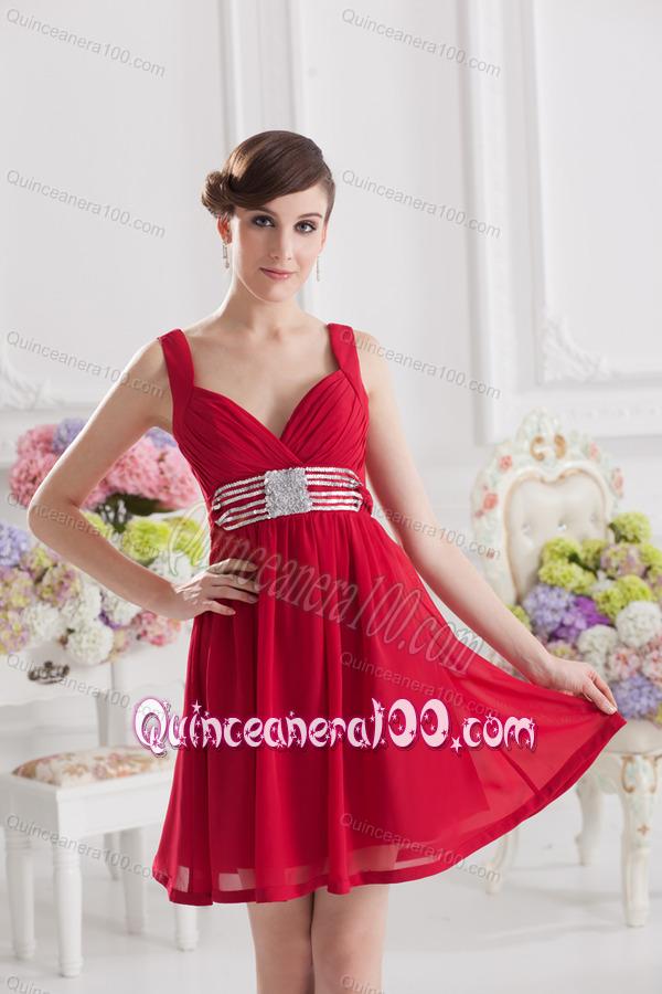 Red Empire Straps Dama Dresses with Ribbons and Beading