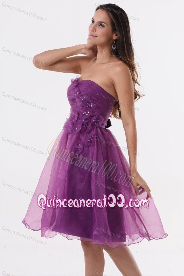 A-line Purple Strapless Appliques Organza Knee-length Dama Dress for Quinceanera