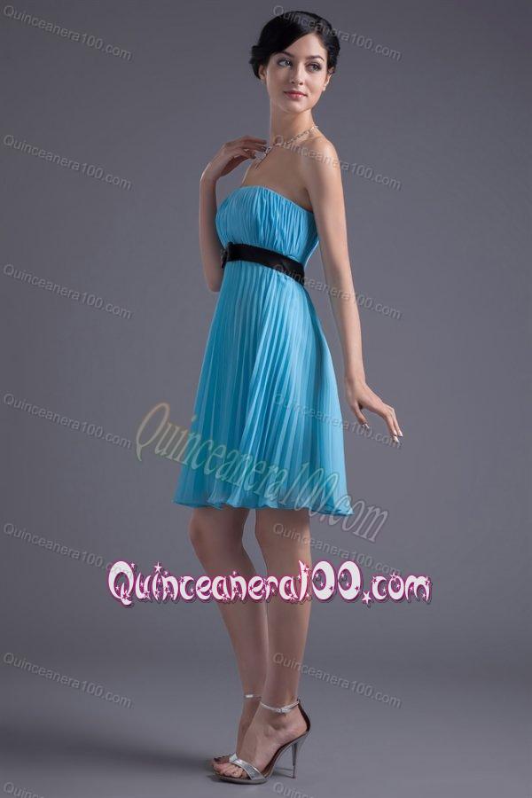Empire Strapless Chiffon Aqua Blue Knee-length Dama Dress for Quinceanera