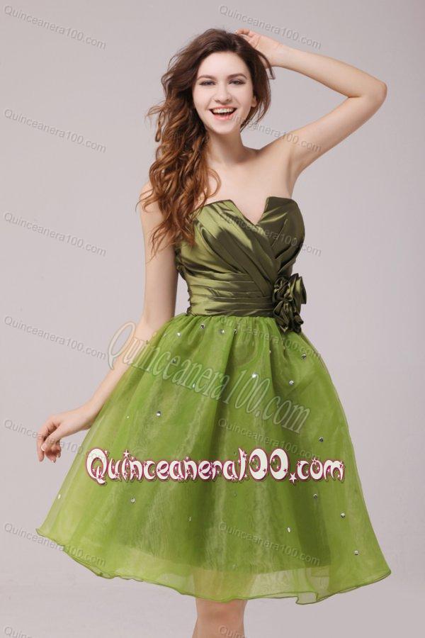 Olive Green V-neck Ruching and Hand Made Flower Dresses for Dama