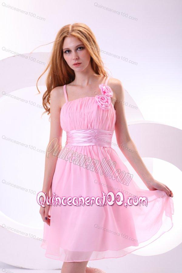 Pretty A-line Straps Pink High-low Chiffon Ruching Dama Dress for Quinceanera